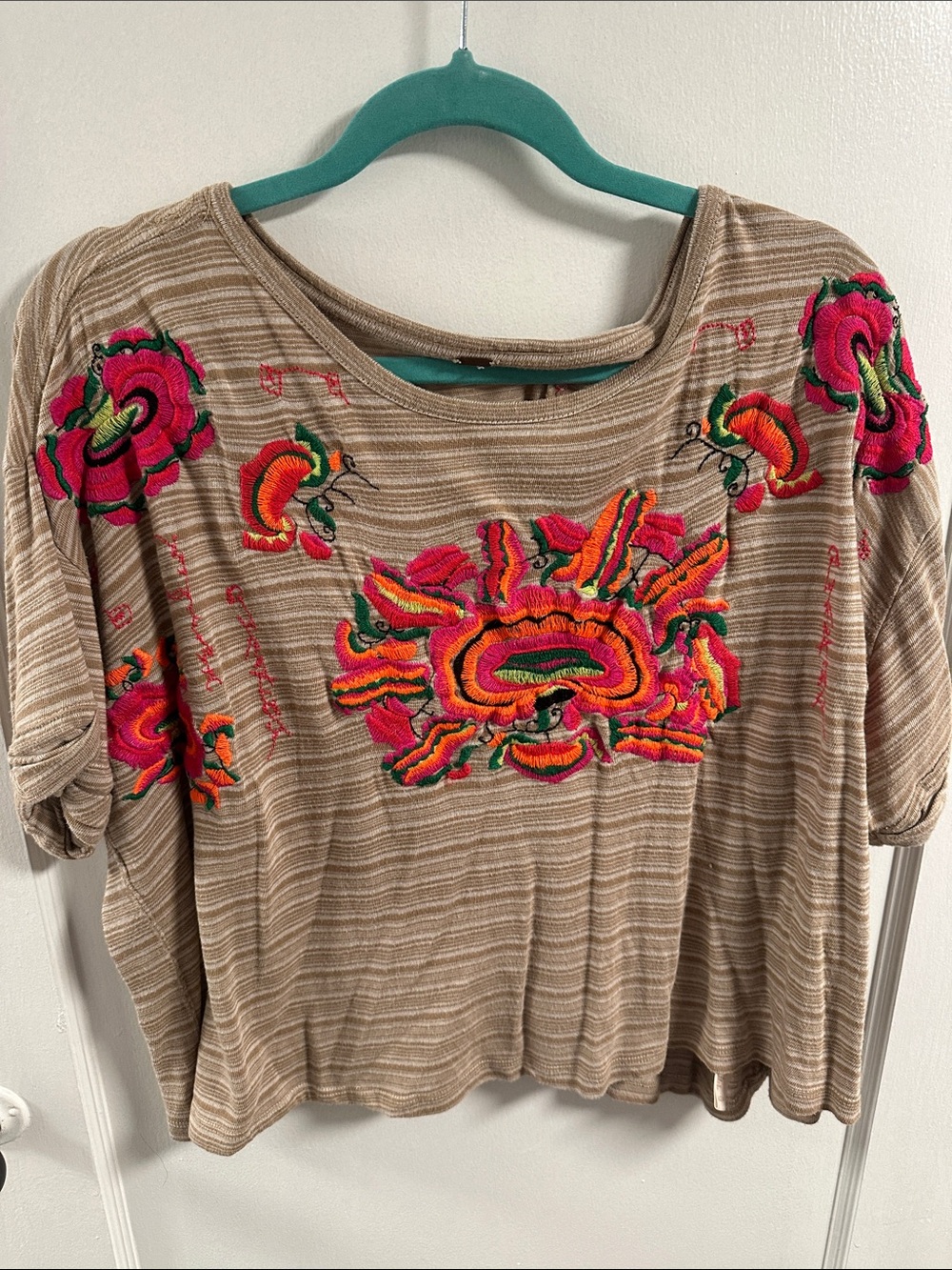 Free People Beige Striped Tee with Bright Pink & Orange Embroidered Floral